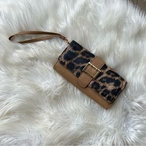 Tan and Cheetah Print Gold Fixture Clutch Wallet Wristlet